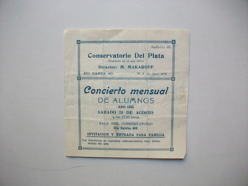 Antiguo Programa Conservatorio Del Plata - Makaroff / 1933