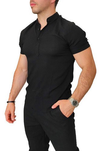 Camisa Camisolín Manga Corta Hombre Lino Cuello Mao Premium 