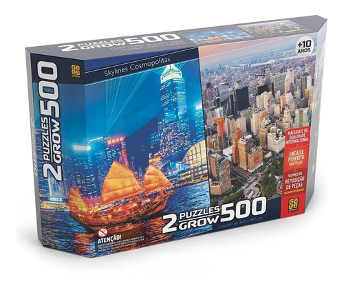 Kit 2 Quebra Cabeça Puzzle Grow 500 Pçs Hong Kong E New York