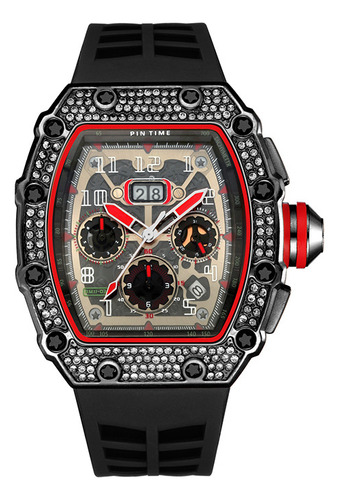 Reloj De Lujo Rojo Con Diamantes Y Carcasa Plateada