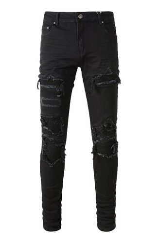 Jeans/pantalones Rasgados Plisados Patchwork Negro