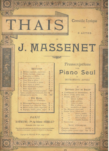Partitura Original De La Comedia Lírica Thais De J. Massenet