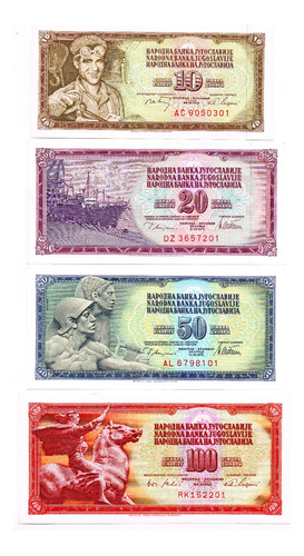 4 Billetes De Yugoslavia De 10, 20, 50, 100 Dinares 1965-78 