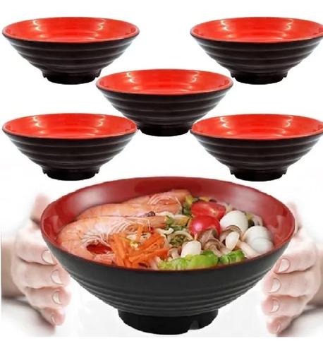 6 Tigela Bowl Cumbuca Oriental Japonesa 650ml Preto Vermelho