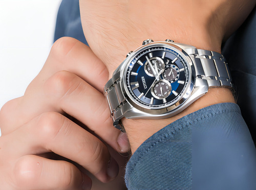Reloj Citizen Hombre Eco-drive Crono Ca401058l Color de la malla Plateado con fondo azul