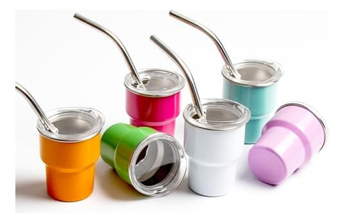 6 Vasos Pequeños Con Popote Y Tapa, Lindos Vasos Aislados De