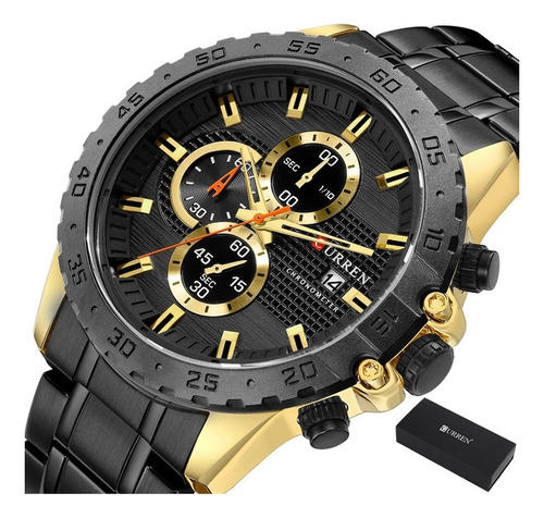 Reloj Curren Calendar Chronograph de acero inoxidable con bisel, color negro dorado