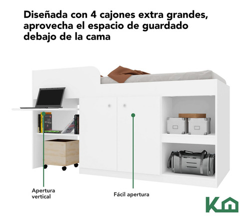 Cama Individual Escritorio Cajones Litera Base Kingshouse Color Blanco