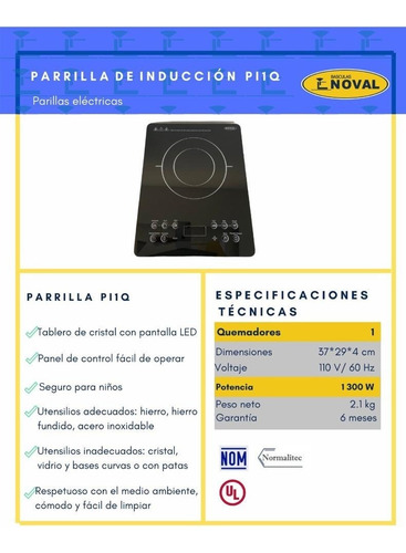 Parrilla De Inducción Noval Piq1 Cristal 1 Quemador