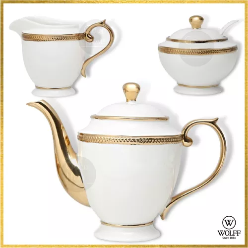 Conjunto para Chá Bule Açucareiro Leiteira Porcelana Paddy Branco e Dourado  3 Peças