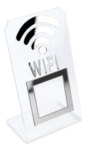Placa Wifi Qr Code Display Acrílico Mesa Balcão Transparente Cor transparente e prata