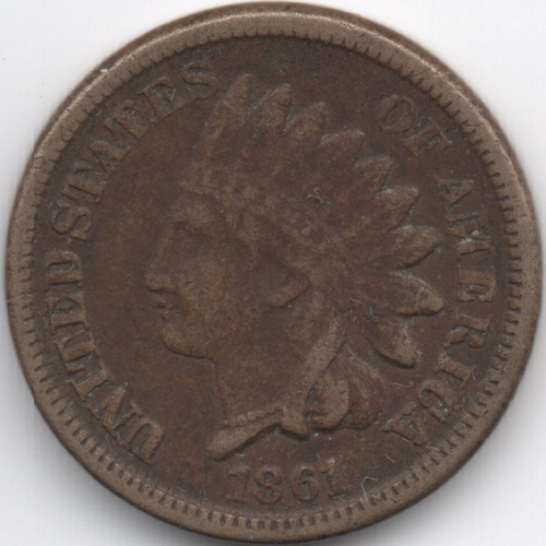 1861 Una 1c Moneda Centavo Cobre Antigua Indian Head Penny