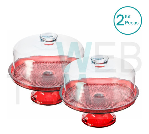 Kit 2 Boleiras Com Pé E Tampa De Vidro Vermelha Vitazza Bolo