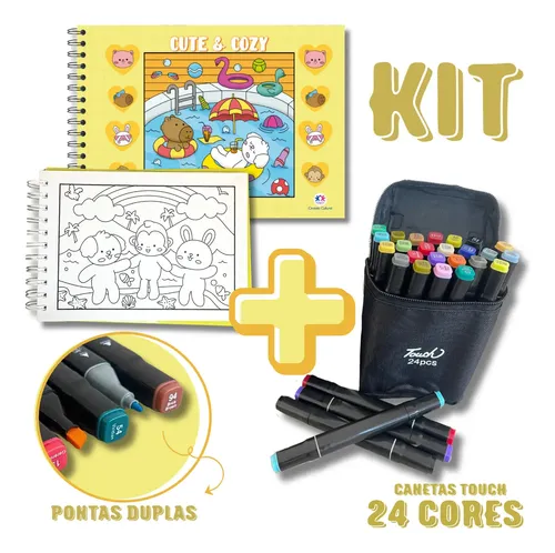 Kit Com Livro De Colorir Comfy Cozy Capa Dura Espiral 48 Folhas Explore Sua Criatividade Colorindo Com 24 Canetinhas Ponta Dupla Colorir Educativo Volta As Aulas Férias Passatempo