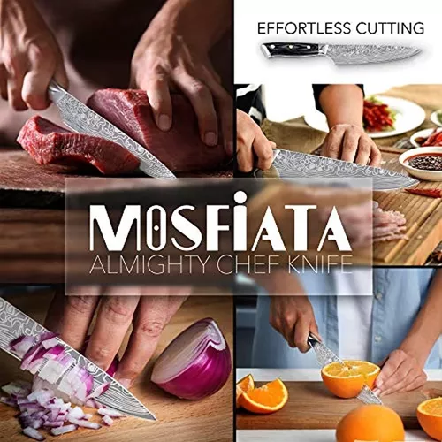 MOSFiATA Cuchillo de chef profesional súper afilado de 8 pulgadas con  protector de dedos y afilador de cuchillos, acero inoxidable alemán de alto