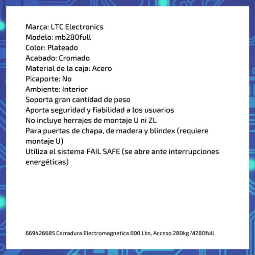 Imagen 6 de 10 de Cerradura Electromagnetica 600 Lbs, Acceso 280kg M280full
