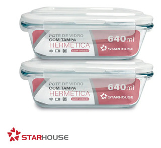 Kit 2 Potes Hermético Vidro Marmita Micro-ondas 640ml Star House