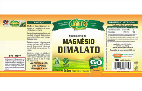 5x Magnésio Dimalato Unilife 60 Cáps 700mg - C/ Frete Gratis
