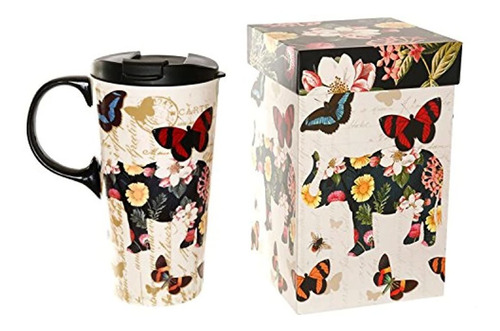 Taza De Café De Cerámica De 17 Oz Con Tapa, Flor Y Mariposa