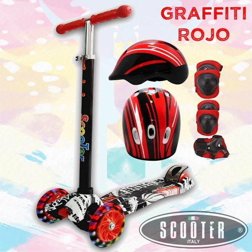 Imagen 2 de 9 de Monopatin Scooter 4 Ruedas Graffiti Luz + Casco + Proteccion