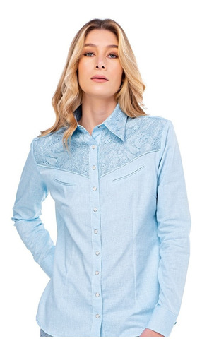 Camisa Country Feminina Zenz Western Alado Azul Rendado