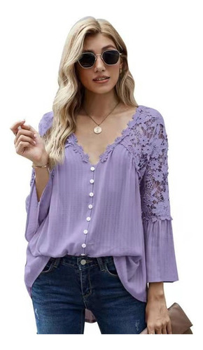 Blusa Mujer Suelto Encaje Cuello En V Manga Larga