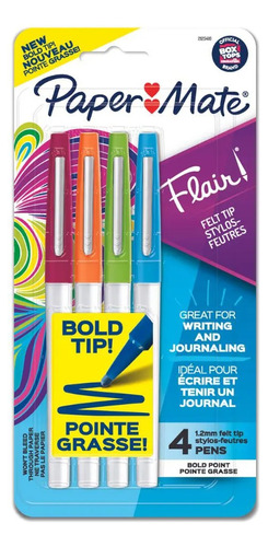 Bolígrafo hidrográfico Papermate Flair Bold, kit con 4 colores, color Vm/Lj/Vd/Az