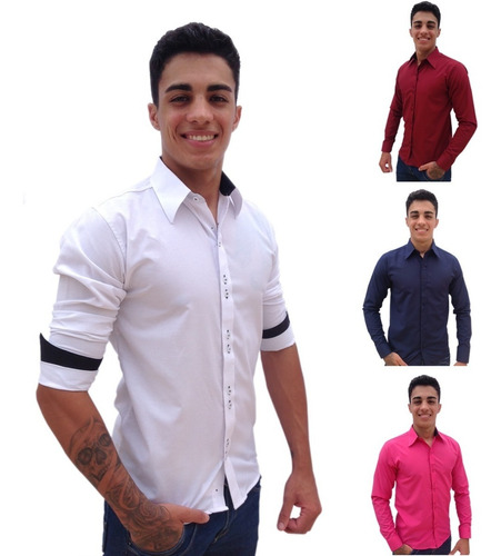 Kit 3 Camisas Manga Longa Social Masculina Slim Fit