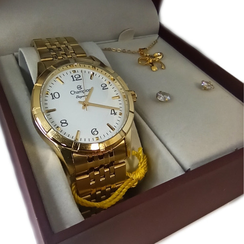 Imagem 1 de 5 de # Relógio Champion Feminino Dourado Brinde Colar Brincos