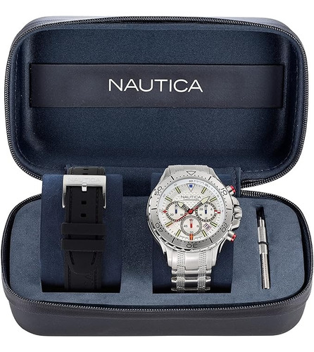 Reloj Nautica Chrono Doble Pulsera Acero -silicona Napnsf205