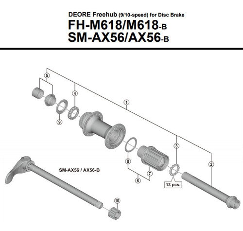 Eje completo de buje trasero Shimano FH-M7010-b/FH-M618-B