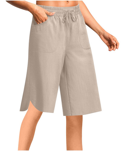 Pantalones Cortos De Cintura Elástica Con Bolsillos De Lino