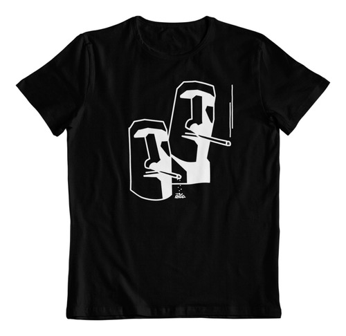 Polera Negra Dtf Algodon Moais Chile Fumando 