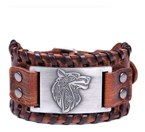 Bracelete Couro Viking Lobo Fenrir Tribal Pulseira Runas 