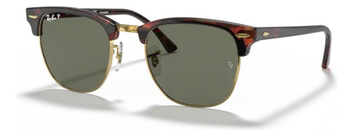 Óculos De Sol - Ray-ban - Clubmaster - Rb3016 990/58 55 Armação Tartaruga Sobre Ouro Haste Tartaruga Sobre Ouro Lente Verde Desenho Quadrado