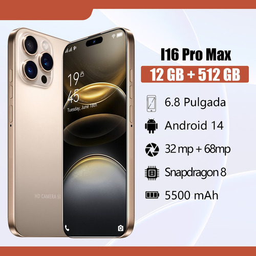 Dual Sim I16 Pro Max 512gb+12gb Ram 2025 Popular El Último Modelo Celular Android 14 Desbloquea Red 5g Wifi Batería Larga Duración Memoria Expandible
