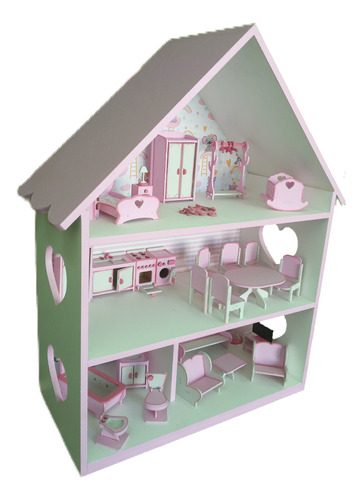Casa Casita Muñecas + Muebles Pintada Fibro 9mm Rosa