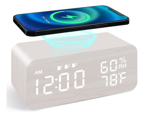 Reloj Despertador Digital De Madera Con Carga Inalámbrica, P