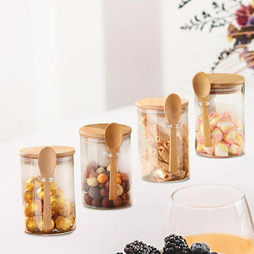 Hh Juego De 4 Tarros De Cristal Con Tapas De Bambú Y