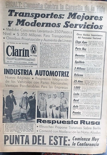 Diario Clarin 5 Agosto 1961 Antiguo Original. 