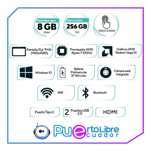 Turbo Asus Ryzen 7 = I7 + 8 Gb + 256gb Ssd + Huella + Touch