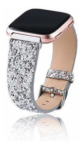 Malla Para Fitbit Versa/2/lite/ Glitter Cuero Plata 