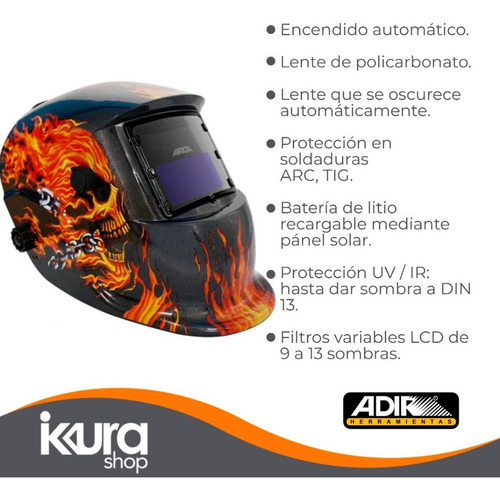 Careta Electrónica Soldar Uso Industrial Skull Adir 6711 Color Negro