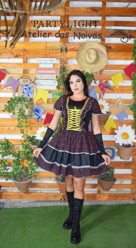 Vestido Festa Junina Caipira Xadrez Adulto Preto escuro