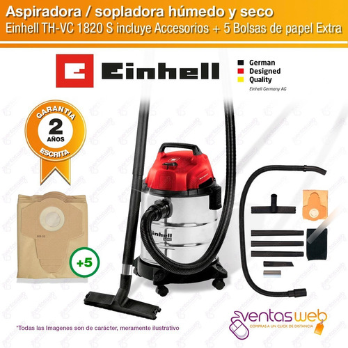 Imagen 2 de 6 de Aspiradora Tacho Inoxidable 20 Lts 1250w Einhell + 5 Bolsas