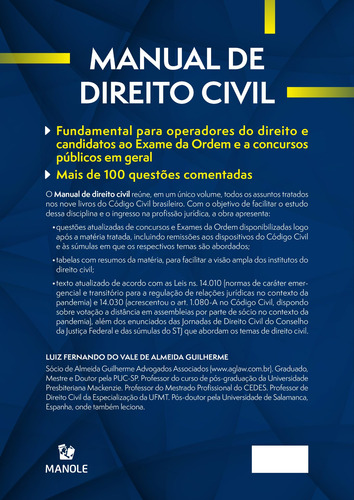 Manual de Direito Civil: Questões de concursos e da ordem | Tabelas com resumos da máteria, de Guilherme, Luiz Fernando do Vale de Almeida. Editorial Editora Manole LTDA, capa mole em português, 2022