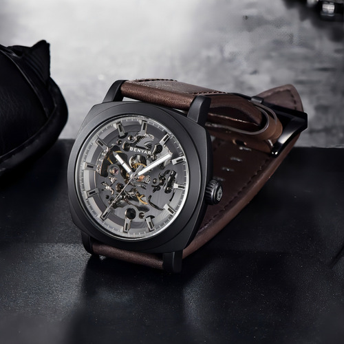Benyar Hombres Ahuecan Los Relojes Mecánicos De Cuero Color Del Fondo Black/gray