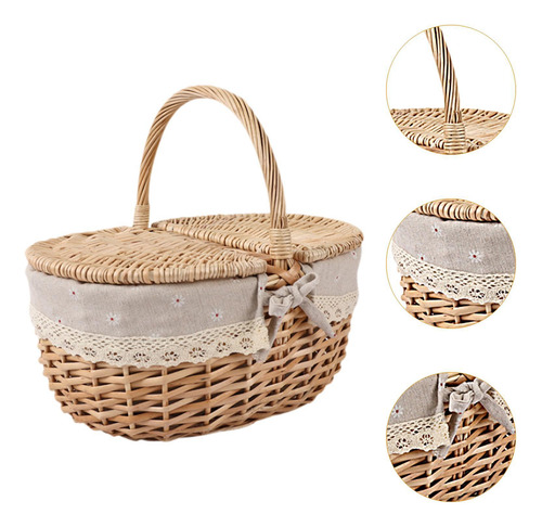 Juego De Picnic De Mimbre, Elegante Cesta Medio Gris Beige