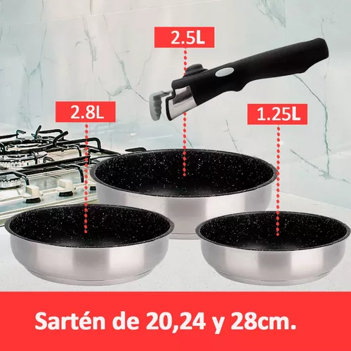 3pz Sarten Acero Inox Antihaderente Mango Desmontable Horno