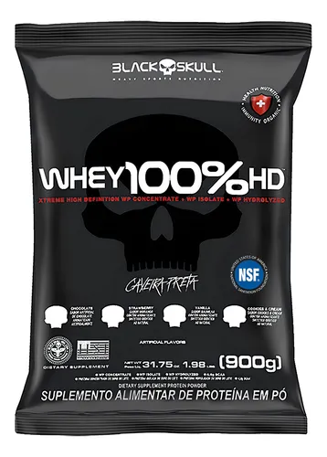 Whey 100% Hd Refil Black Skull - 900g (wpc, Wpi E Wph) Sabor Morango